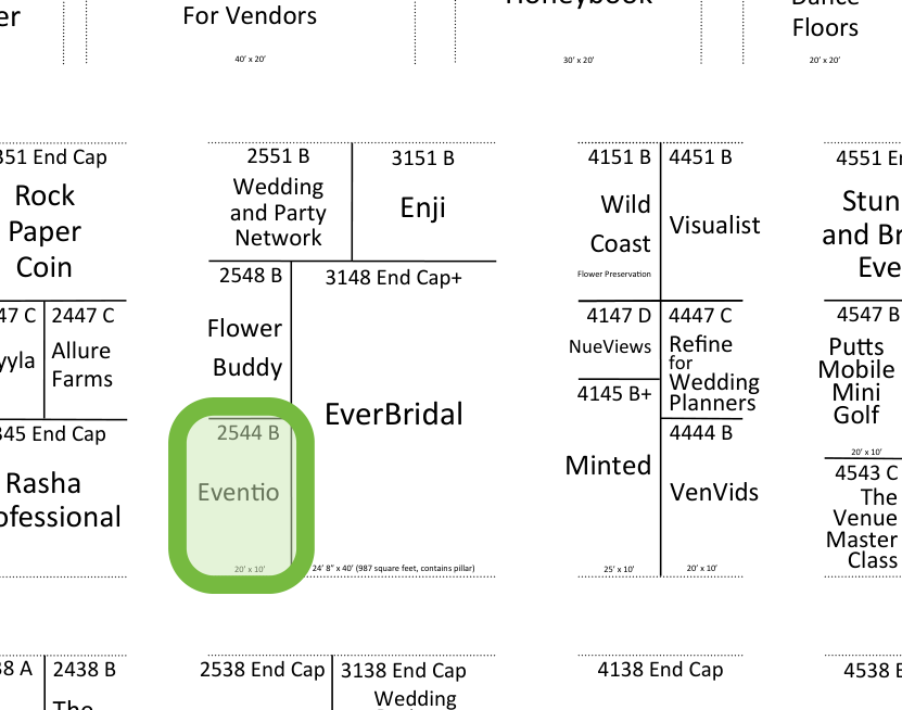Wedding MBA floor plan detail: Eventio at booth 2544 B, highlighted, near Zola, Honeybook, and Aisle Planner